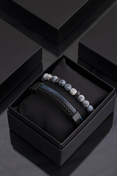 Sortie Aksesuar طقم سوار رجالي - جلد طبيعي وحجر طبيعي 030