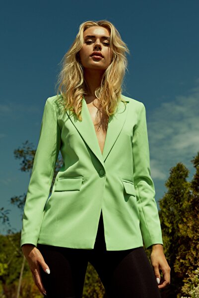 Select Moda Jachetă blazer verde cu un singur nasture pentru femei