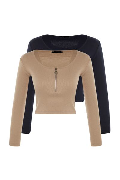 Συλλογή Trendyol Πλεκτή μπλούζα Navy Blue-Ecru TWOAW22BZ0134