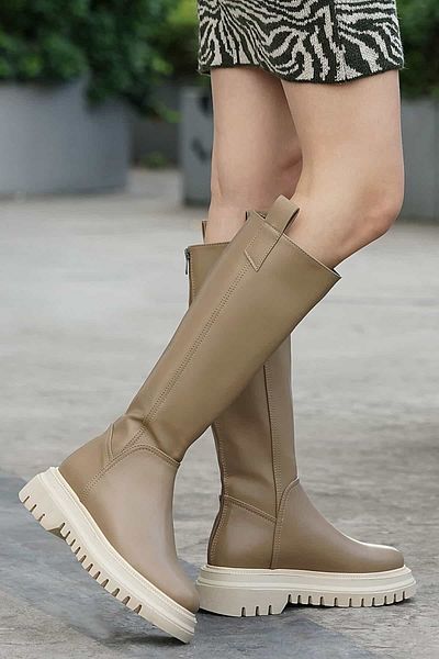 Mio Gusto Mink Color Leather Fur Lined Women's Boots with Back Zipper