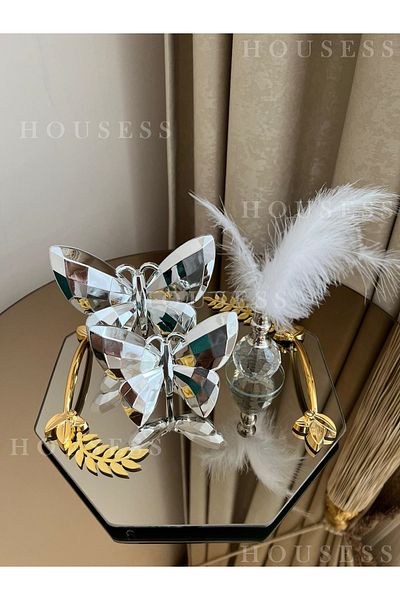 Housess Decorative Mirrored Leaf Detailed Tray and 2-Piece Silver Butterfly Single Silver Feather Holder