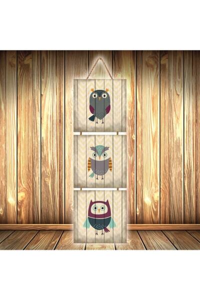 hazalshop Τριπλή ρετρό ξύλινη αφίσα με σχέδιο κουκουβάγιας Ü437