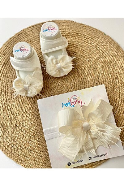 irembaby Bebek Lohusa Seti Krem Tüylü Bebek Ayakkabısı Ve Bebek Saç Bandı Loh...
