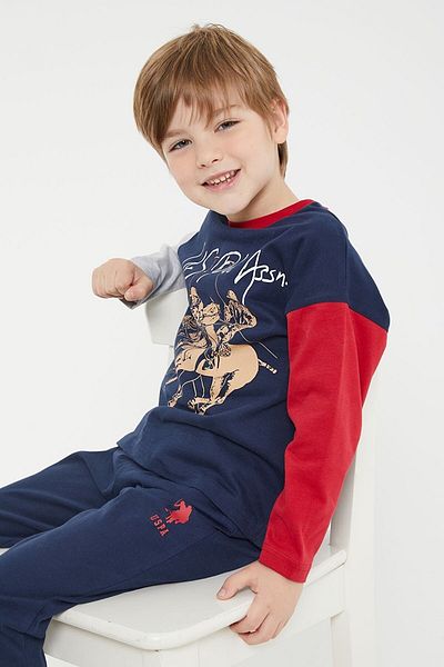 U.S. Polo Assn. Baza. Set de pijamale cu mânecă lungă, cu gât crew, albastru bleumarin, cu licență Polo Assn