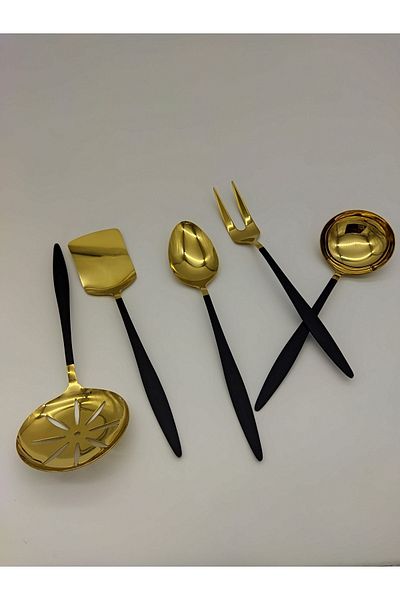 BRONDOFF Carmen 5 Piece Black Titanium Gold Serving Set