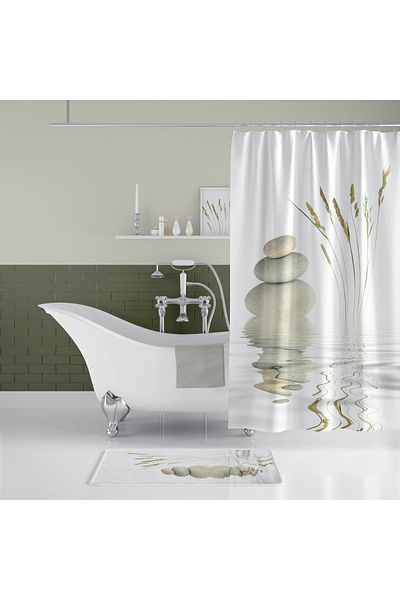Zethome 1x240x200 Κουρτίνα μπάνιου μονής πτέρυγας - Κουρτίνα καμπίνας ντους με πέτρα και καλάμι με δώρο δαχτυλίδι