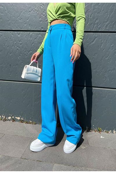 bymaestro woman Pantaloni Palazzo plisați de damă albaștri