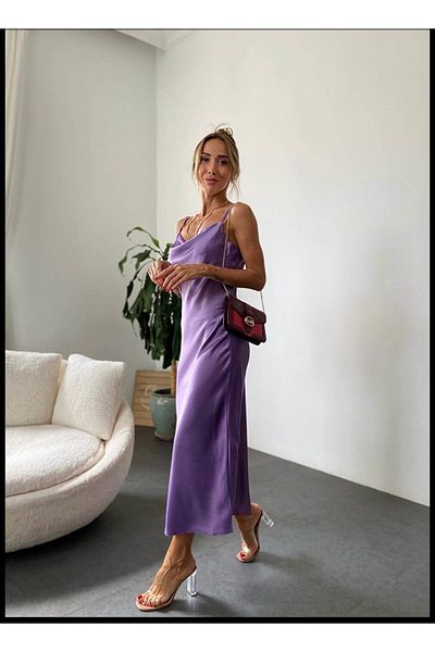 bymaestro woman Rochie de damă din satin cu guler cu volan, mov