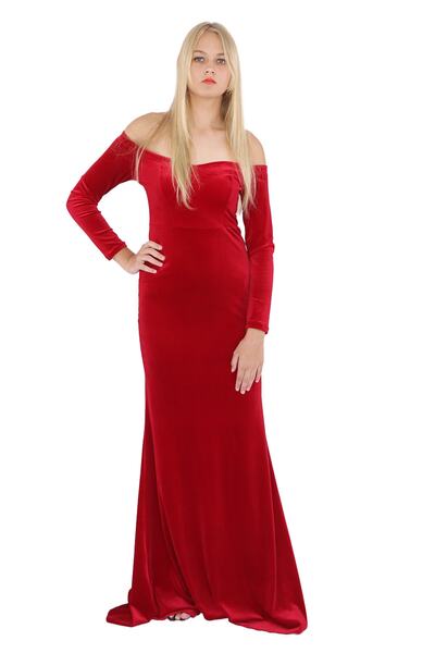 Styling Park Omzu Açık Uzun Kadife Elbise