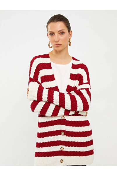 LC Waikiki V Yaka Çizgili Uzun Kollu Kadın Triko Hırka