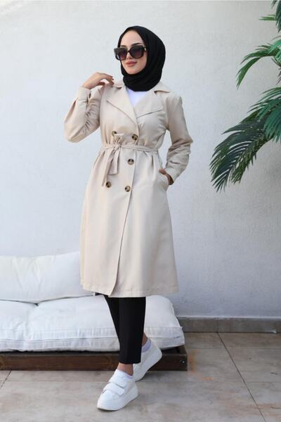 benguen 5853 Boyfriend Hijab Trench Coat Beige