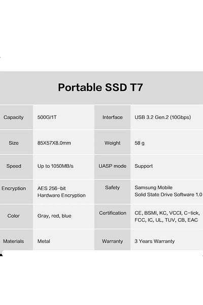 Samsung محرك أقراص الحالة الصلبة الخارجي المحمول SSD T7 بسعة 1 تيرابايت