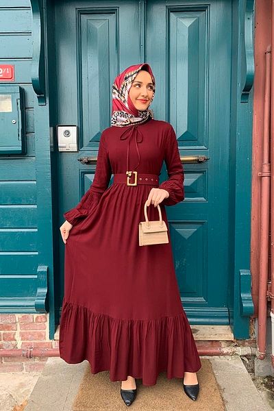 modaleila Hijab Dress - Belt Detailed, VİŞNE