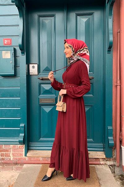 modaleila Hijab Dress - Belt Detailed, VİŞNE