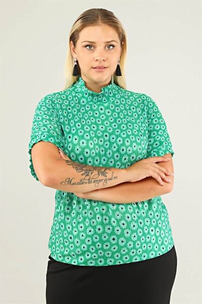 Seamoda Блуза с плисирана флорална шарка и яка стойка - Зелен