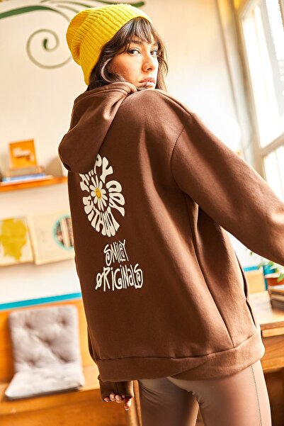 Olalook Γυναικείο μπλουζάκι Bitter Brown Happy μπροστά πίσω με στάμπα με κουκούλα με ραβδώσεις oversize SWT-19000570