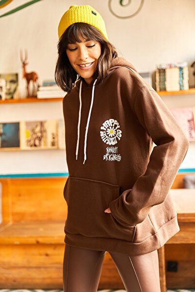 Olalook Γυναικείο μπλουζάκι Bitter Brown Happy μπροστά πίσω με στάμπα με κουκούλα με ραβδώσεις oversize SWT-19000570