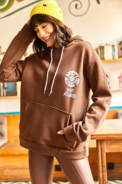 Olalook Γυναικείο μπλουζάκι Bitter Brown Happy μπροστά πίσω με στάμπα με κουκούλα με ραβδώσεις oversize SWT-19000570