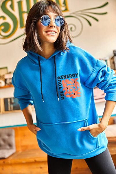 Olalook Kadın Mavi Energy Ön Arka Baskılı Kapüşonlu Şardonlu Oversize Sweatshirt SWT-19000574