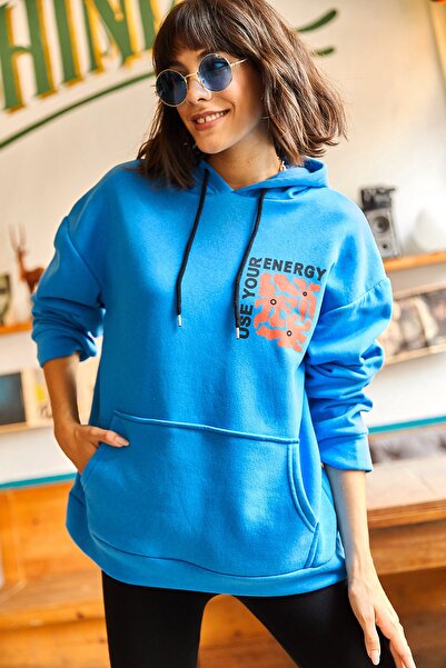 Olalook Kadın Mavi Energy Ön Arka Baskılı Kapüşonlu Şardonlu Oversize Sweatshirt SWT-19000574