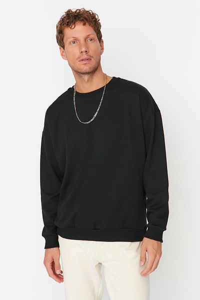 Trendyol Collection Μαύρο φούτερ με στάμπα με λαιμόκοψη με φλις - TMNAW23SW00278