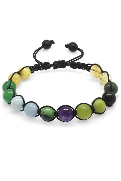 Tesbihane سوار شفاء نسائي من مكرامية مجدول على شكل كرة أرضية مع مزيج متعدد من الحجر الطبيعي