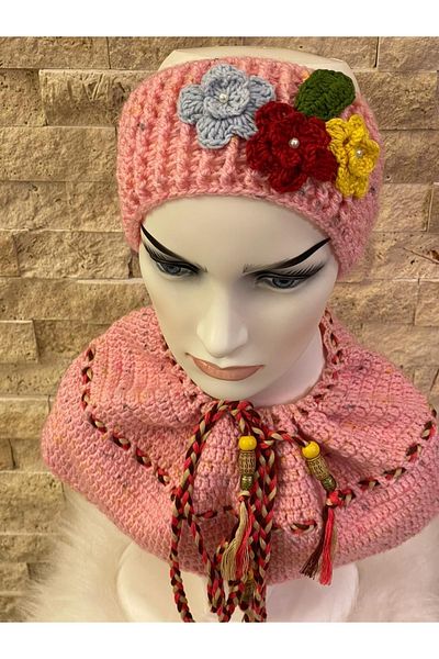Gönülden Tasarım Knitted Rose And Pearl Embroidered Design Hair Band And Neck Collar