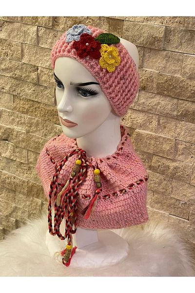 Gönülden Tasarım Knitted Rose And Pearl Embroidered Design Hair Band And Neck Collar