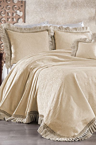 Evlen Home Collection Дантелено двойно покривало Umay Cappuccino (7 части) | Комплект зестра