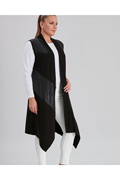 Genel Markalar Kadın Siyah Büyük Beden Asimetrik Deri Detaylı Yelek