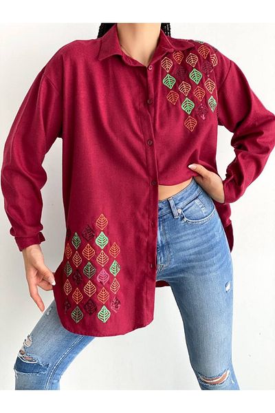 FancyWorld Cămașă roșie claret cu model de frunze colorate brodate cu paiete din țesătură tricotată