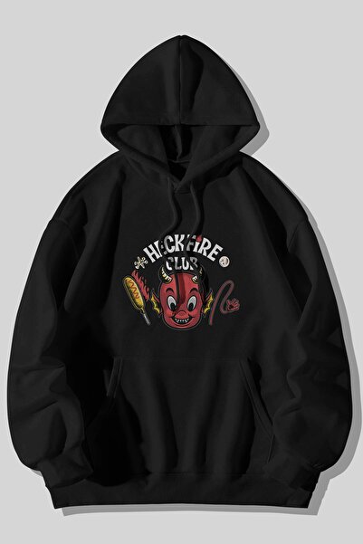Harmandar Stranger Things - Hanorac cu glugă unisex cu buzunar cangur negru cu imprimeu Heckfire Club