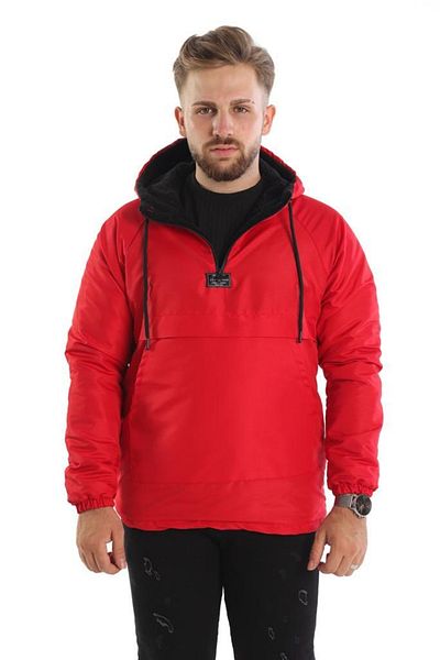 GOOD FASHION Slim Fit Fur Lined Kangaroo Pocket Men's Raincoat Coat Red