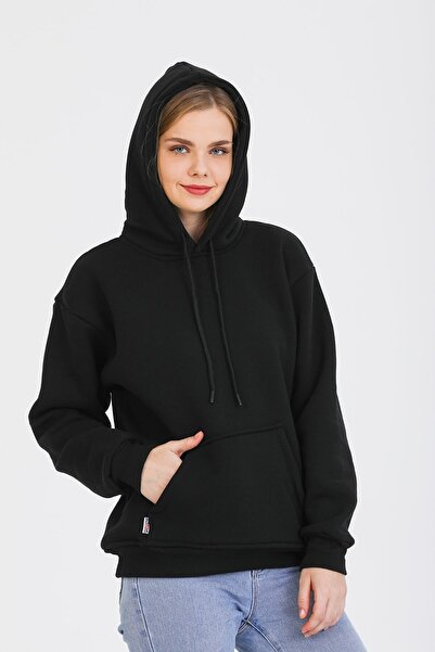 VİVAL ME Γυναικείο μαύρο καγκουρό και ίσιο φούτερ με λεπτομέρεια στο πλάι