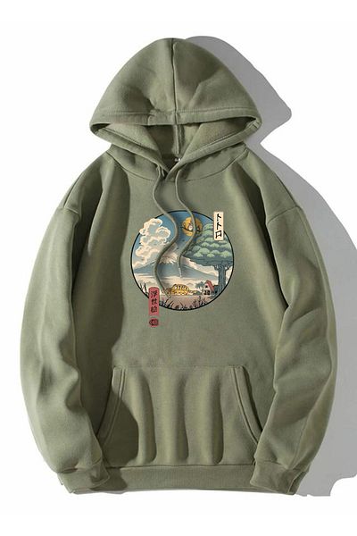 Buğraterzimoda Anime Totoro Printed Unisex Χακί Καγκουρό Φούτερ με κουκούλα με τσέπη