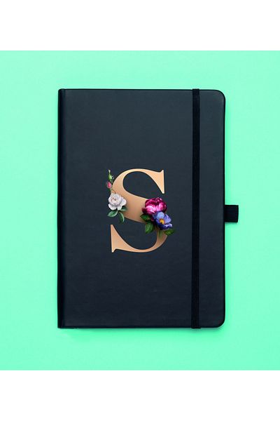 mooodcase Floral Pattern Gold Letter S Black Notepad