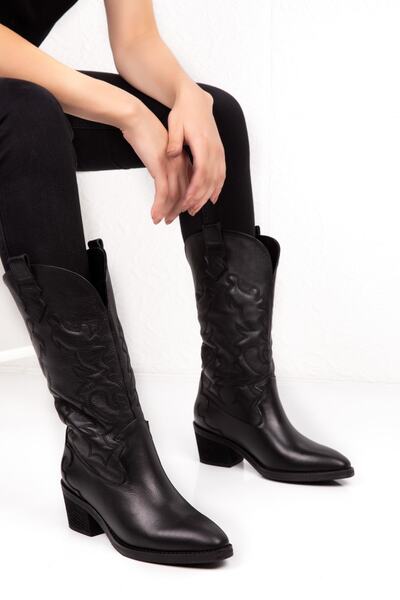 INNTRO Wanda Hakiki Deri Siyah Western Kadın Çizme