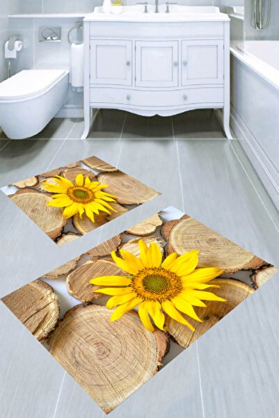 Resmiro Kütük Ve Ayçiçeği Desenli 2'li Banyo Paspası (50x60 Cm - 60x100 Cm)