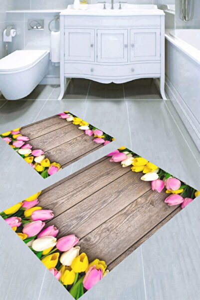 Resmiro Tahtalı Lale Desenli 2li Banyo Paspası (50x60 Cm - 60x100 Cm)