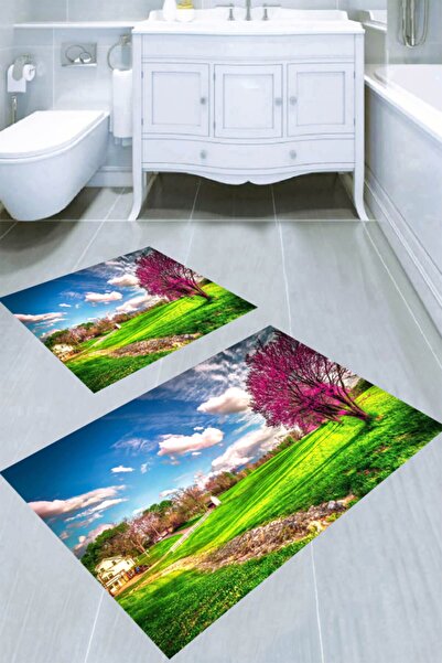 Resmiro Üç Boyutlu Doğa Manzarası Desenli 2'li Banyo Paspası (50x60 Cm - 60x1...