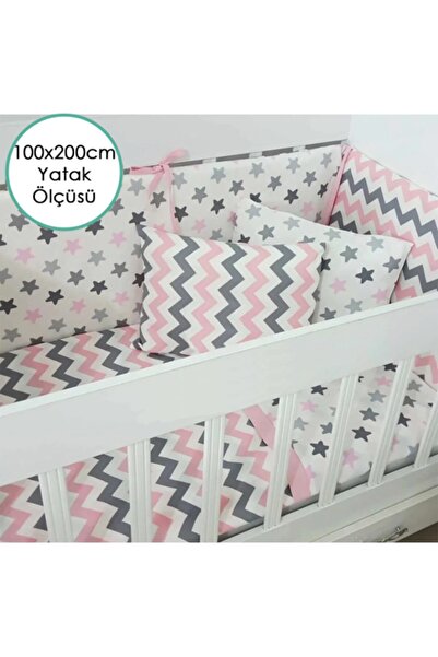 Montessori 100x200cm Beşik Kenar Koruma Ve Nevresim Takımı Pembe Gri Zigzag Tasarım