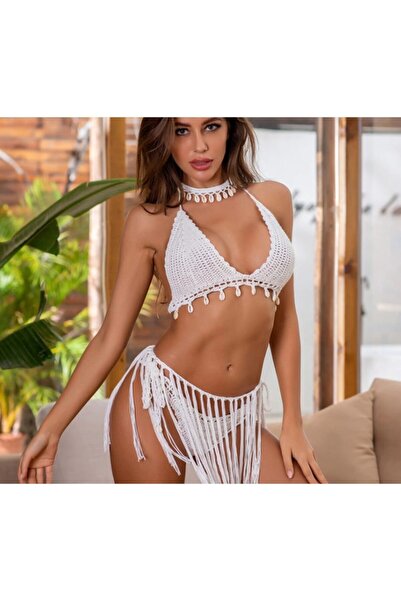 MAJOR ÇANTA VE AYAKKABI Major Butik Tığ Işi Örme Pareolu Bikini Takım