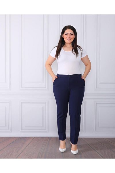 By Alba Collection Women's Navy Blue Elastic Waist Dumbbell K Plus Size Trousers