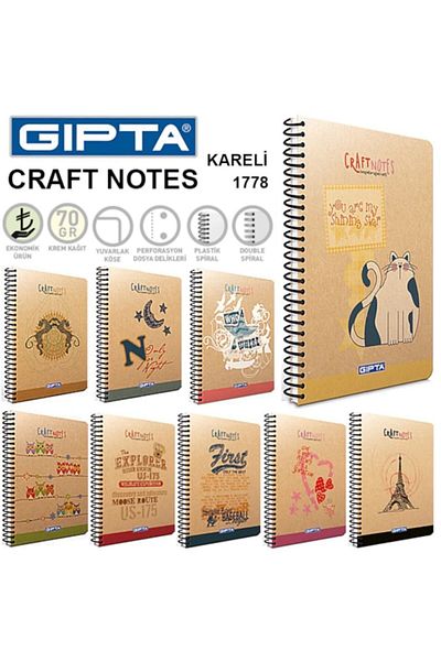 Gıpta Craft Notes 100 Sheets Checkered Medium Size Hard Cover 17*24 3 Pieces Notebook
