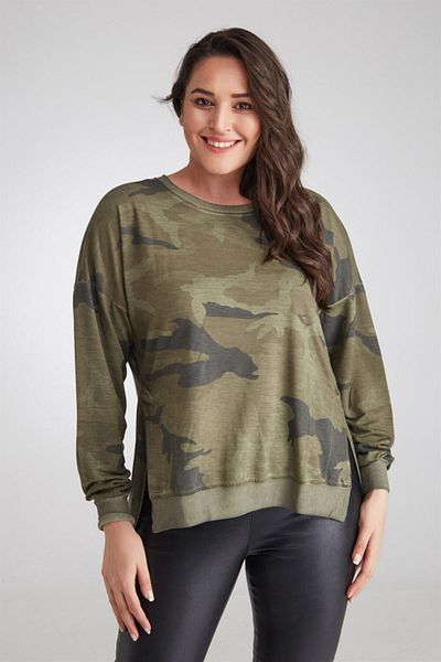 Seamoda Sweat Camouflage Patterned Oil Wash Slit Khaki-bb