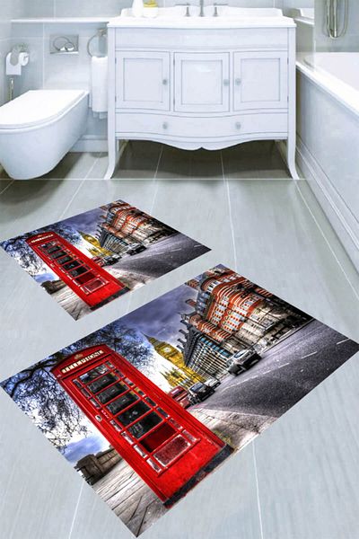 MODANOİVA Red Telephone Booth Patterned 2-Piece Bath Mat (50x60 - 60x100)
