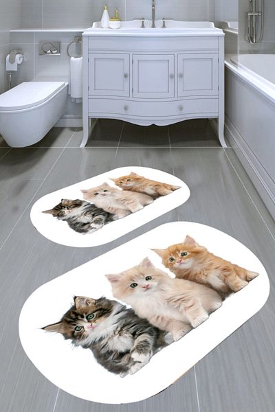 MODANOİVA سجادة حمام منقوشة من Brother Cats مكونة من قطعتين (50x60 - 60x100)