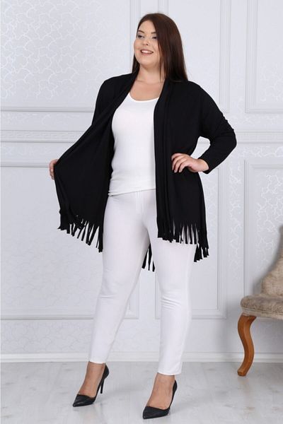 LİKRA Women's Black Plus Size Asymmetrical Cut Tasseled Loose Viscose Cardigan
