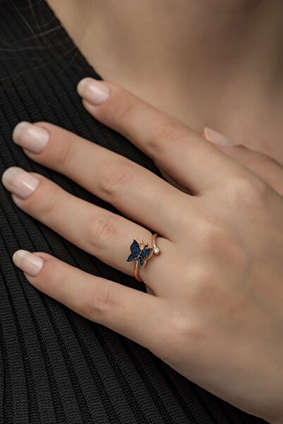 Nereze 925 Ayar Gümüş Ayarlanabilir Mavi Kelebek Kadın Yüzük