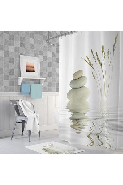 Zethome Κουρτίνα μπάνιου 1x180x200 Κουρτίνα ντους μονής πτερύγιο Δώρο Δαχτυλίδι Κουρτίνα καμπίνας Πέτρα και καλάμι